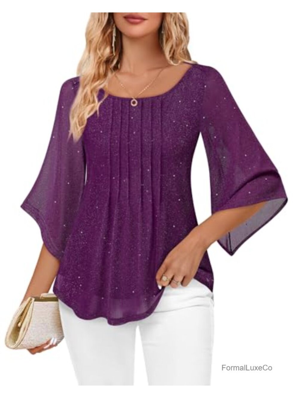 Womens 3/4 Sleeve Floral Tunic Top Boat Neck Double Layers Loose Fit Casual